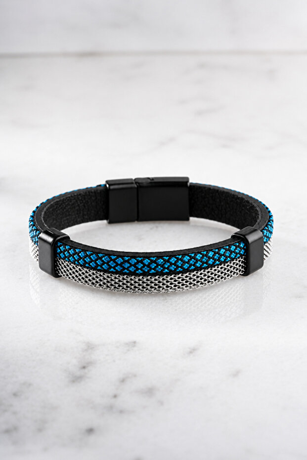 Chrome Plated Wicker Model Blue Rope Leather Detailed Men's Steel Bracelet