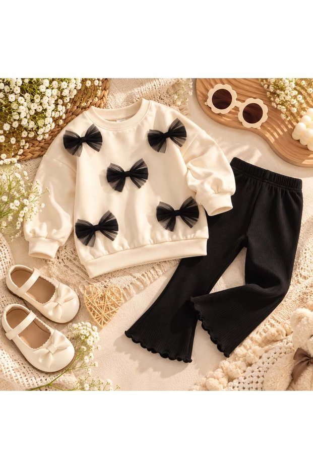 Girl's Tulle Bow Appliqué Sweatshirt and Ribbed Spanish Leggings Top and Bottom Set