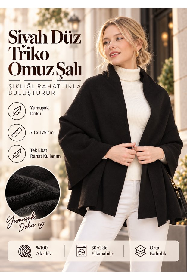 Black Plain Knitwear Women's Shoulder Shawl Soft Textured Winter Shawl 70X175 cm 100% Acrylic