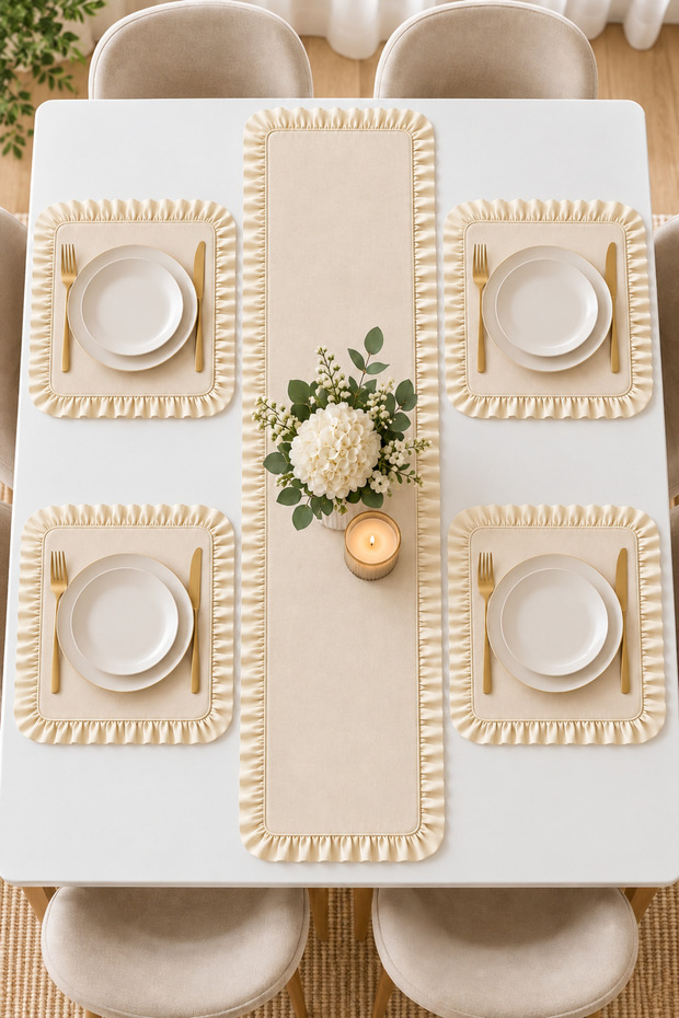 4-Person Ruffled Runner Set – 4 Square Placemats, 5-Piece Stylish Table Set
