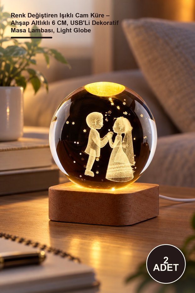 2 Color Changing Lighted Glass Globes – 6 cm with Wooden Base, USB Decorative Table Lamp, Light Globe