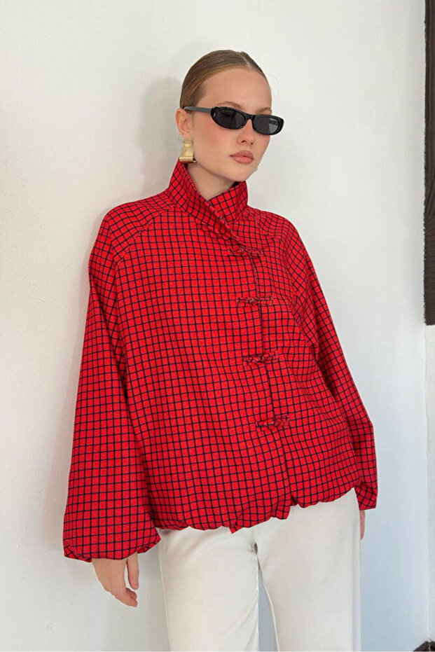 Women's Red Checkered Chinese Buttoned Jacket