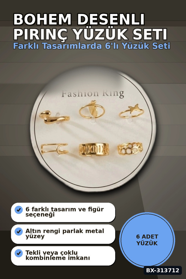 Bohemian Patterned 6 Piece Brass Ring Set - Size 7-8, Bijouterie Jewelry Bx-313712
