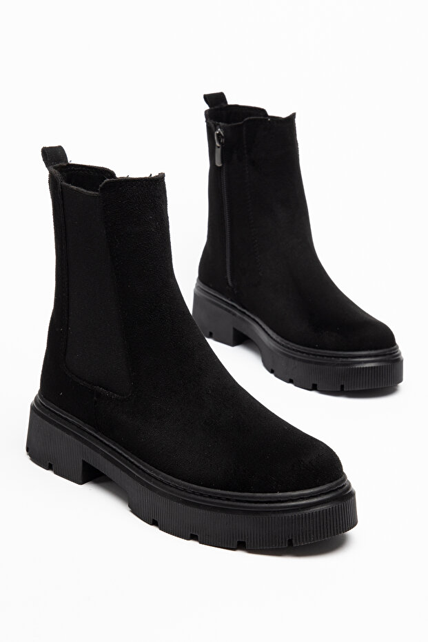 Women's Black Suede Chelsea Boots Thick Soled Zippered Winter Casual Stylish Boots 77