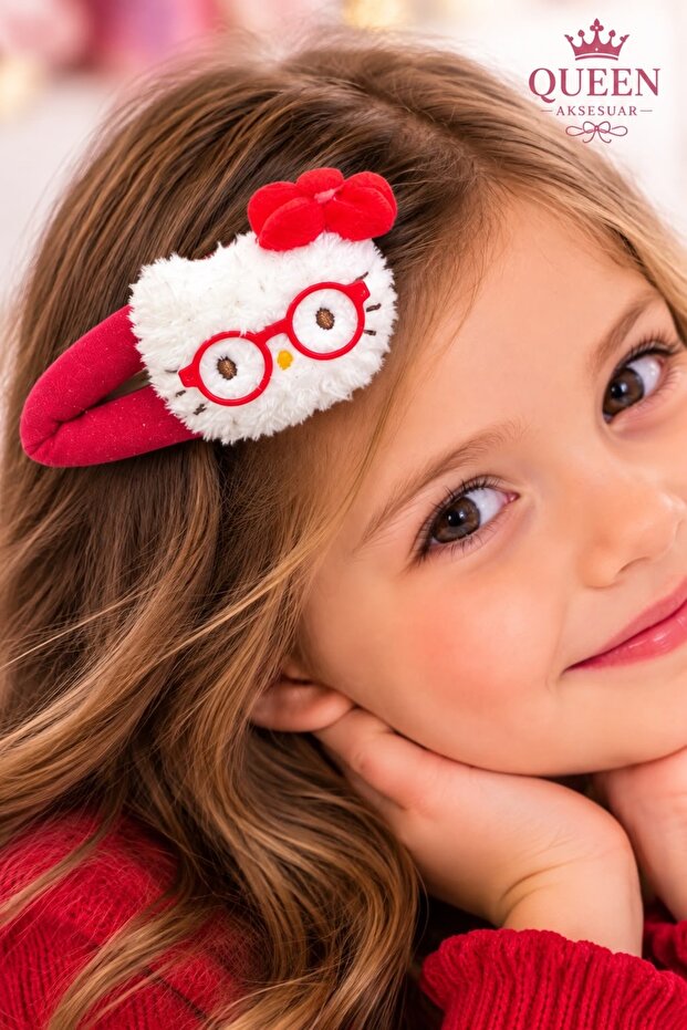 Cute Glasses-Wearing Hello Kitty with Large Fluffy Plush Toy and Red Snap-On Side Buckle