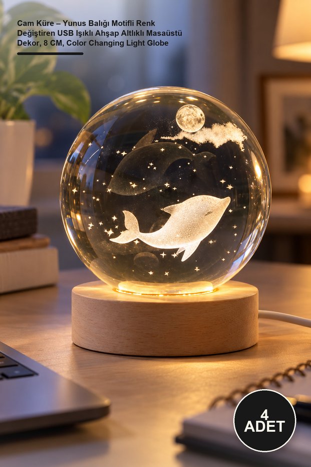 4 Glass Globes – Color Changing USB Lighted Desktop Decor with Dolphin Motif and Wooden Base, 8 Cm, Color Changing Light Globe