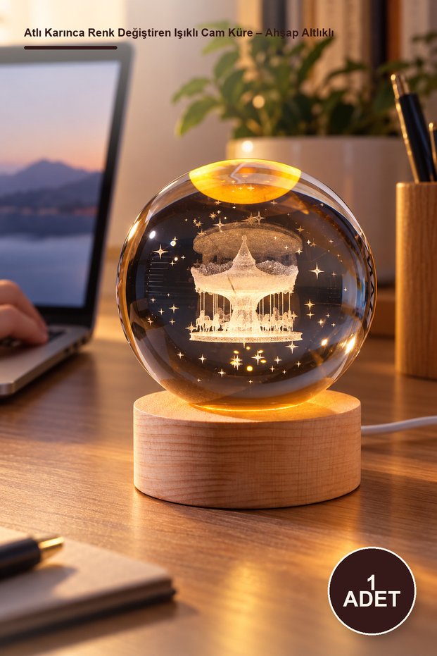 1 Piece Carousel Color-Changing Illuminated Glass Globe – 6 cm with Wooden Base Table Shelf Display Office USB Lighting 7 Colors Color-Changing Glass Globe