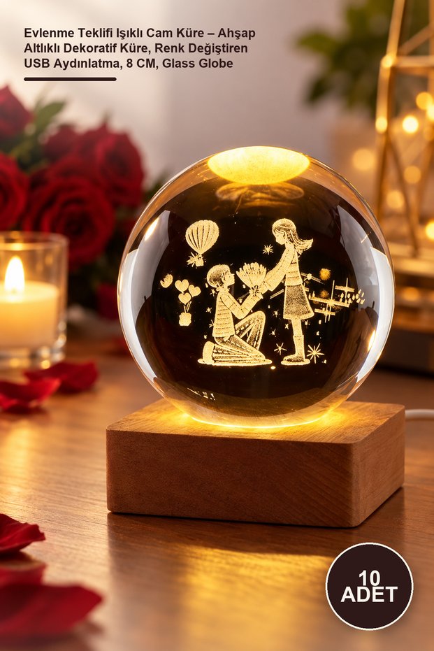 10 Pieces of Lighted Glass Globes for Marriage Proposals – Decorative Globes with Wooden Base, Color-Changing USB Lighting, 8 Cm, Glass Globe