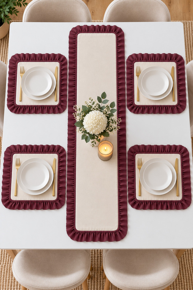 4-Person Ruffled Runner Set – 4 Square Placemats, 5-Piece Stylish Table Set