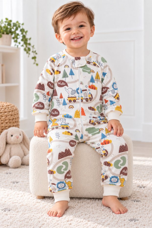 Winter Long Sleeve Baby Kids Sleeping Bag 100% Cotton Double Layer Flannel 1 Tog 20-24 ° C Trendy Patterned Footed Jumpsuit