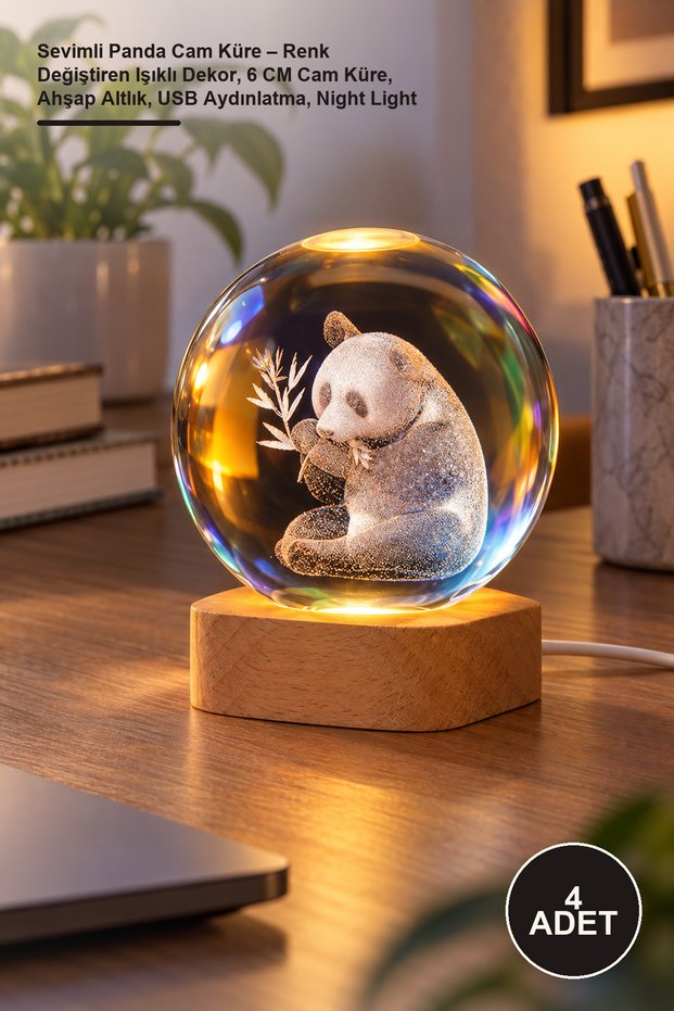 4 Pieces of Cute Panda Glass Globes – Color Changing Lighted Decor, 6 cm Glass Globe, Wooden Base, USB Lighting, Night Light