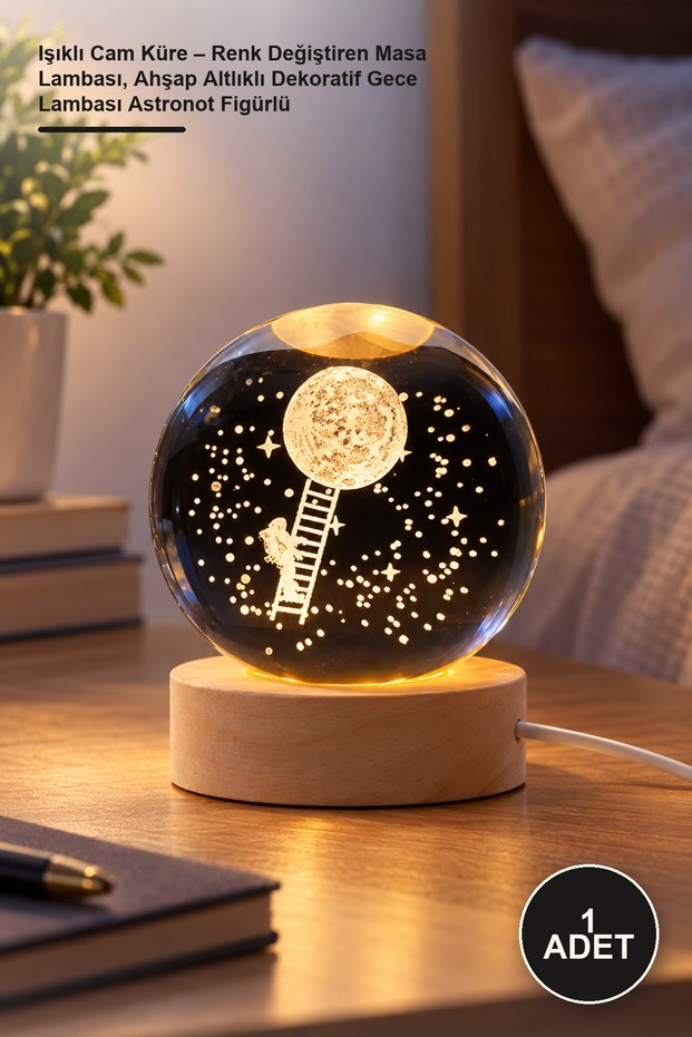 1 Piece Illuminated Glass Globe – Color Changing Table Lamp, Decorative Night Light with Wooden Base and Astronaut Figure