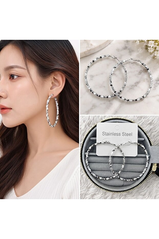 💎 Premium Shiny and Stylish Silver Color Sparkling Hoop Women's Steel Earrings