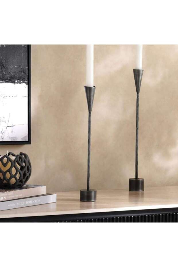 Ignacia Metal Taper Candle Holder 5x5x35cm- Grey Antique - 112ATO2001010