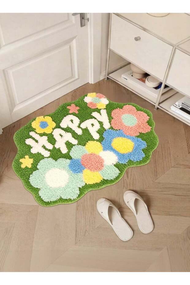 Carpet, (45x65cm) Happy Flower Green Pattern, imitation cashmere, non slip, suitable for placement