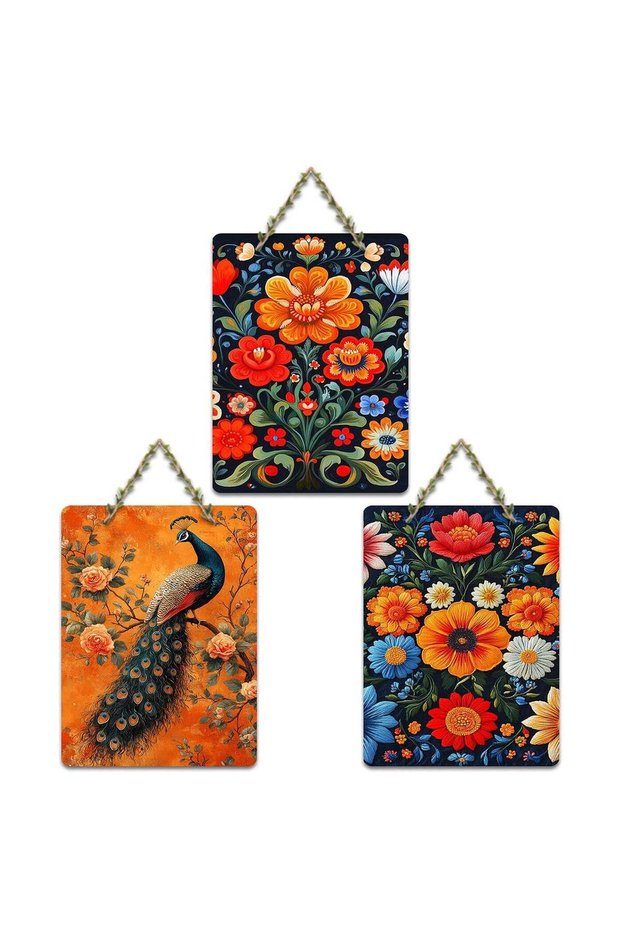 ARS® Wall Hanging Decorative Art Set - Multi-Color Floral and Peacock Design