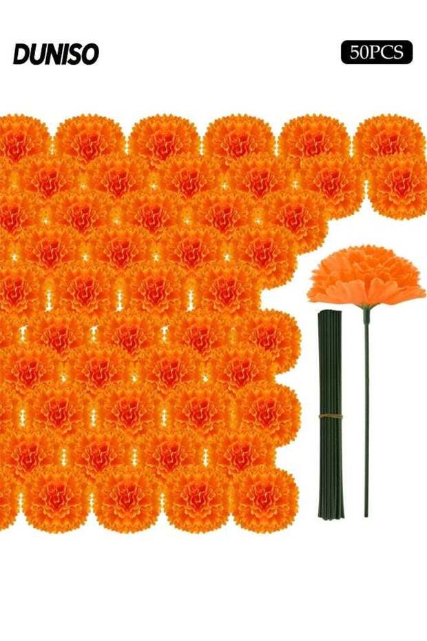 50 PCS Artificial Marigold Flowers,Simulate Marigolds Flowers with Stems, Decorations Silk Faux Flo