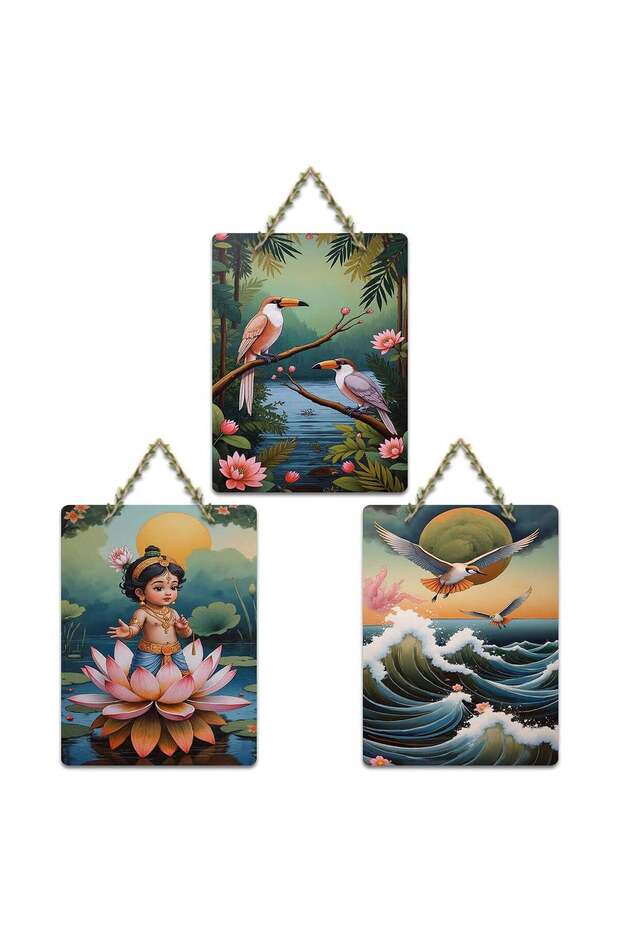 ARS® Sacred Baby Krishna With Lotus & Birds Wooden Wall Hanger - Set of 3