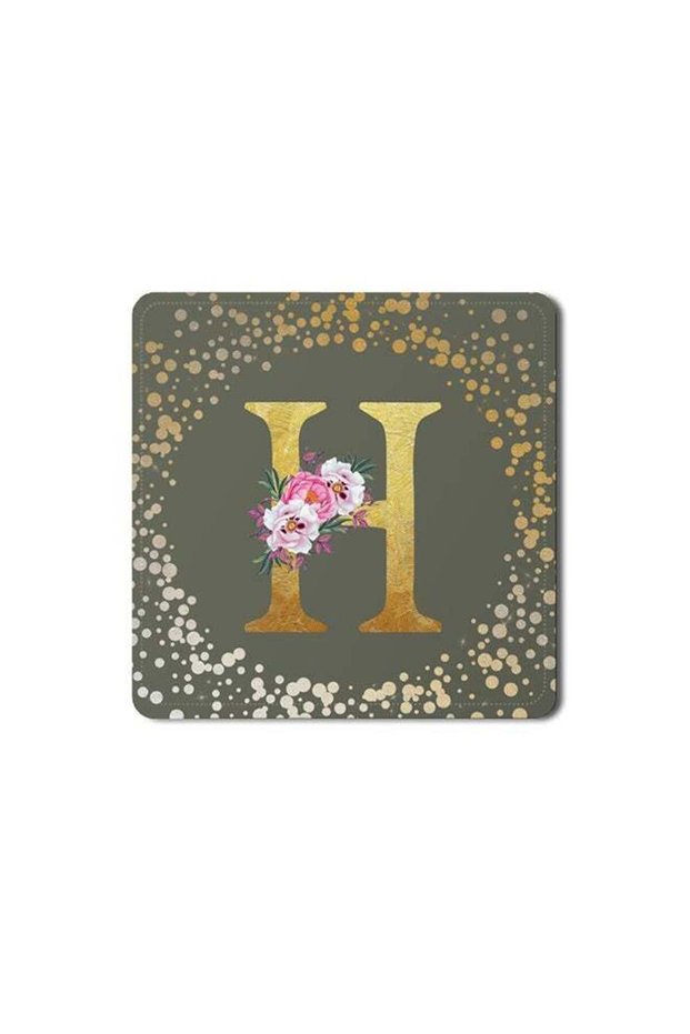 2 Pack Designer Leather Coasters Mat for Beverage Drinks- Custom Monogram Initial Letter Floral Pat