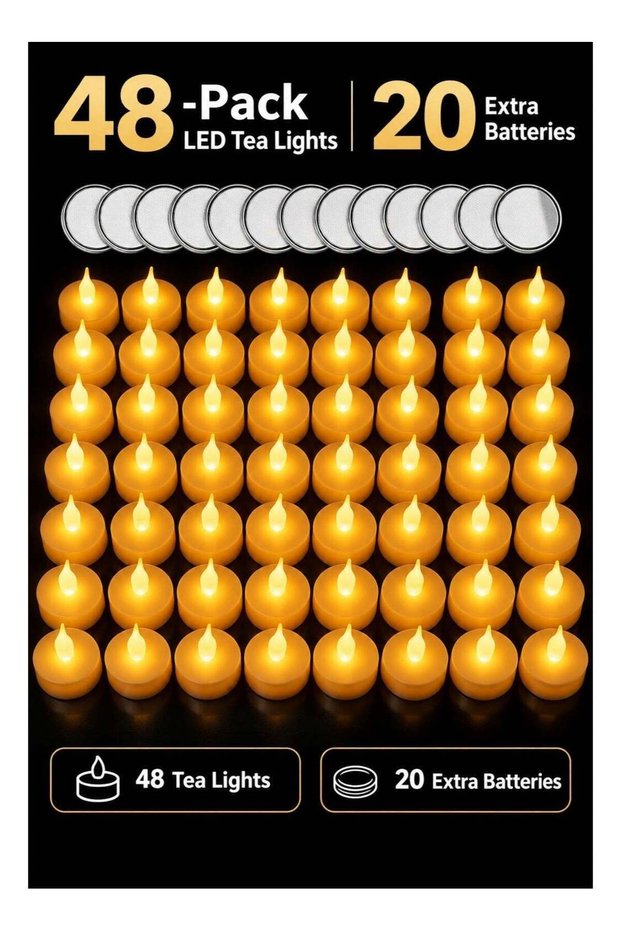 48-Pack LED Battery Tea Lights with 20 Extra Batteries, Flickering Flameless Candles, Amber LED, Sa