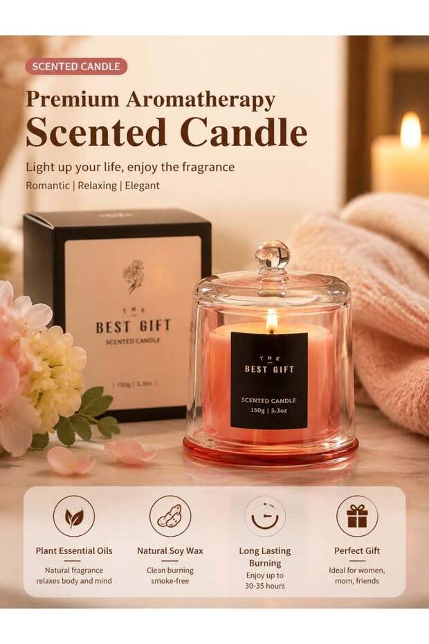 Aromatherapy Scented Candle with Essential Oils, Natural Soy Wax Lavender Candle in Glass Jar, Long