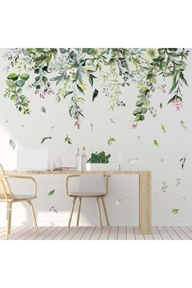 Green Hanging Vine Wall Stickers, Nature Plants Flower Leaves Decals for Home Decor