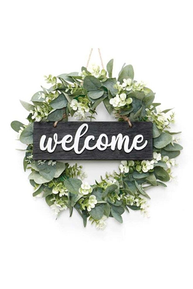 FDTY Eucalyptus Leaves Wreath - 16 Inch Green Leaves Wreath with Welcome Sign for Front Door, Farmh