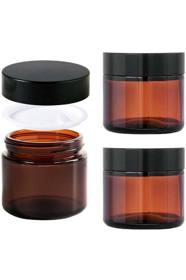 2 Pack Amber Glass Jars with Lids Empty Cosmetic Containers Round Airtight Glass Jar with Black Lid