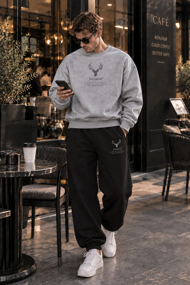 Deer Printed Cotton Oversize Hooded Sweet-Sweatpants Premium Set