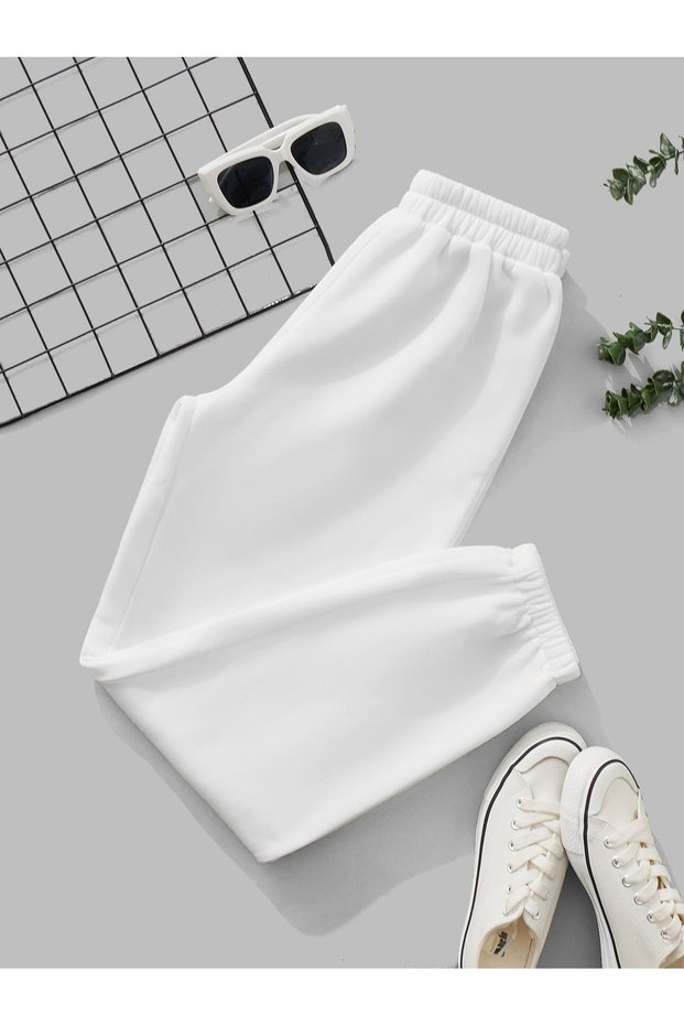 Unisex White 3 Thread Threaded 100% Cotton Sweatpants with Elastic Cuffs