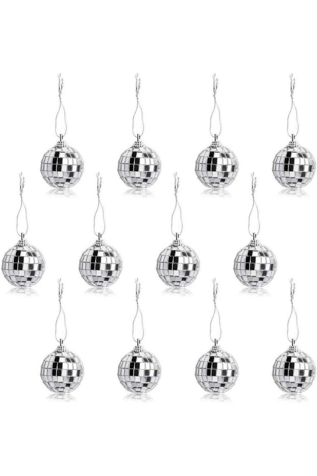 12 Pcs Mini Disco Mirror Ball Ornaments, 4CM Silver Reflective Mirror Ball Hanging Decor for Christ