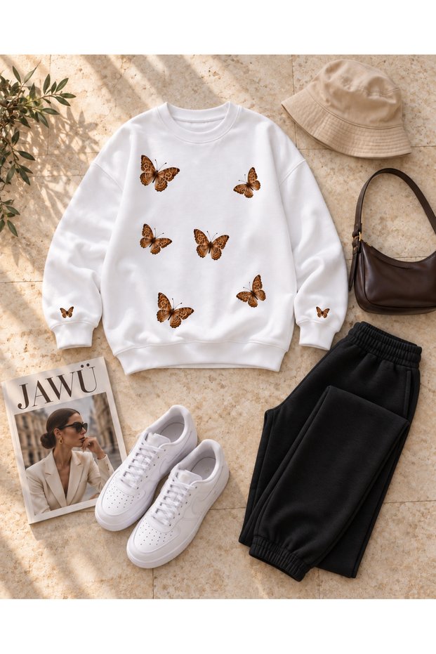 Butterfly Detailed Cotton Oversize Hooded Sweet-Sweatpants Premium Set