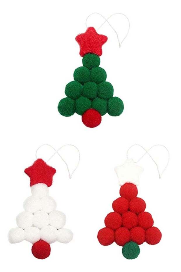 3 Pieces Polyester Pom Pom Christmas Tree Ornaments