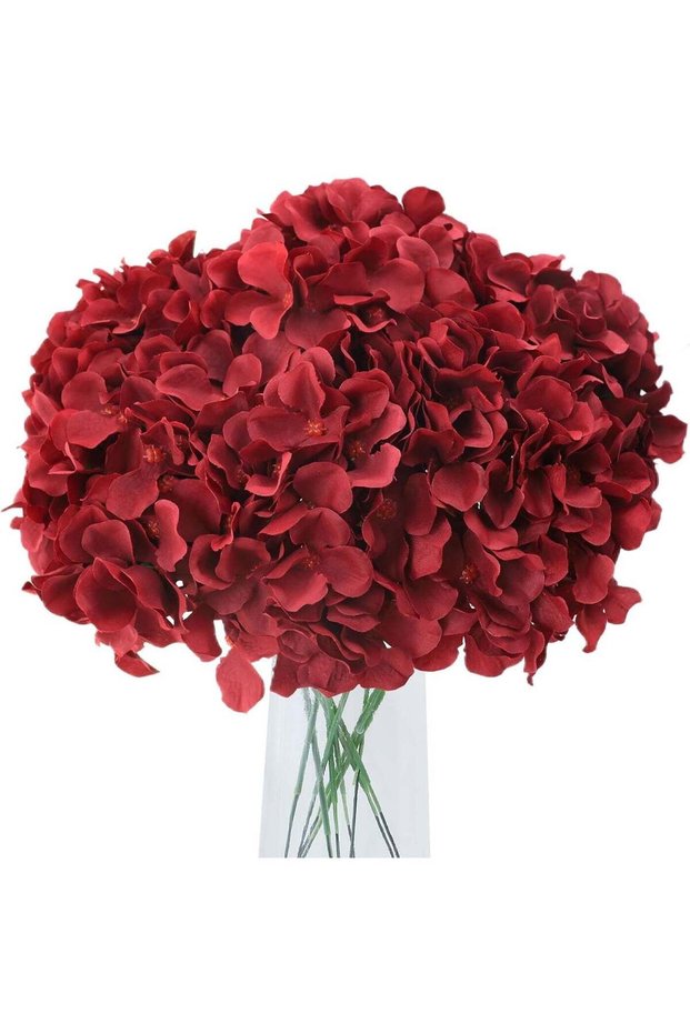 Artificial Silk Hydrangea Flowers, Burgundy, Big Heads, Pack of 10 with Stems