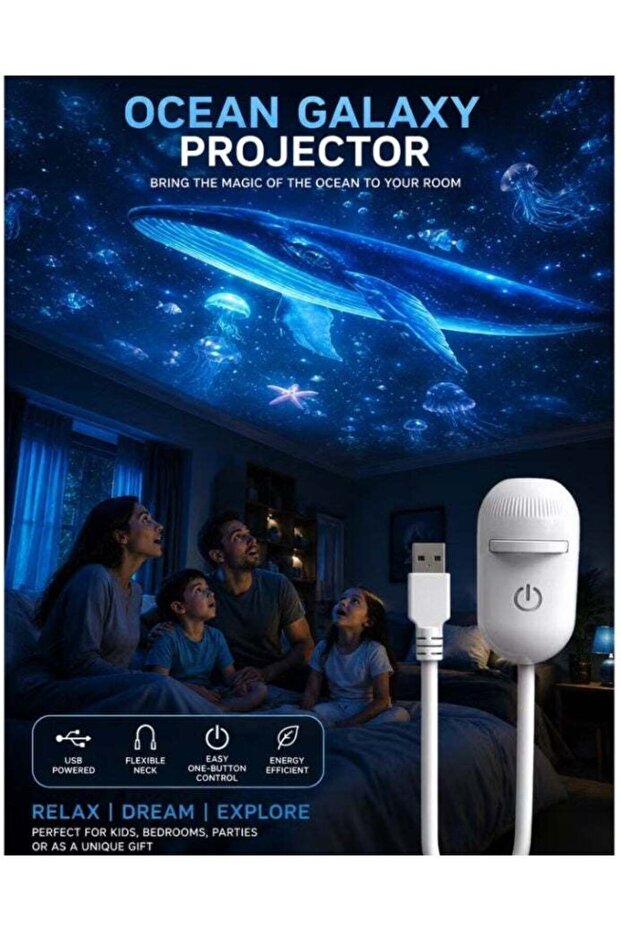 Ocean Galaxy Projector Night Light – USB Powered Starry Sky & Ocean Wave Lamp with Flexible Neck, O