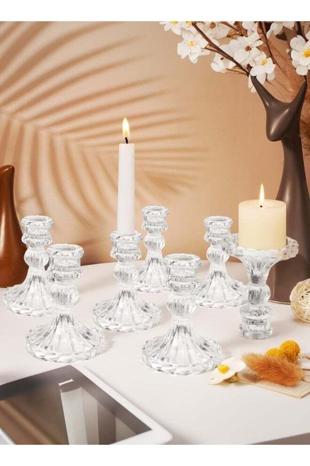 Set of 6 Clear Glass Taper Candlestick Holders, Decorative Candle Stand Centerpiece for Wedding, Ch
