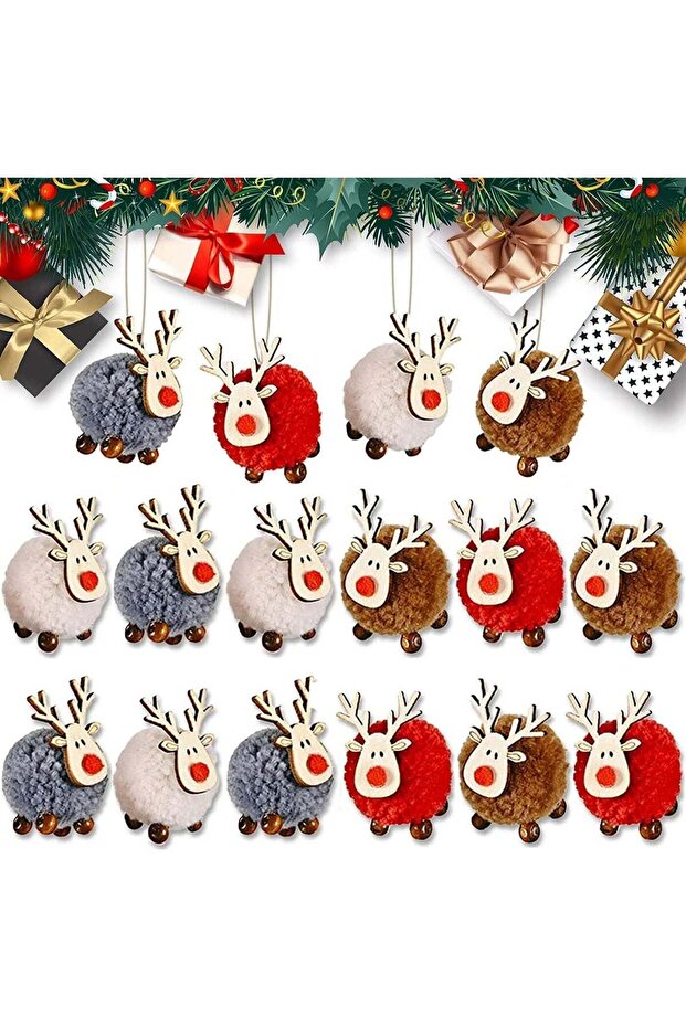 12 Pcs Christmas Wool Felt Wooden Reindeer Antler Pendants, Lovely Wool Elk Pendants for Xmas Tree