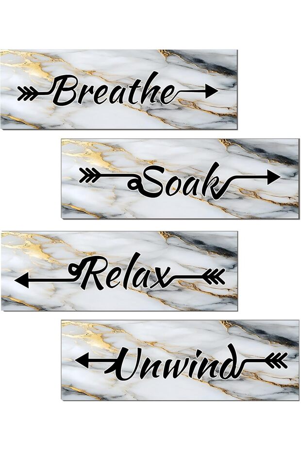 ARS 4 Pieces White Gold Marble Bathroom Wall Art, Relax Soak Unwind Breathe Signs Decor, Wood Hangi