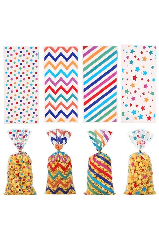 100 Pieces Cellophane Bags Plastic Candy Gift Bags Cellophane Treat Bags with Twist Ties Stripes Po