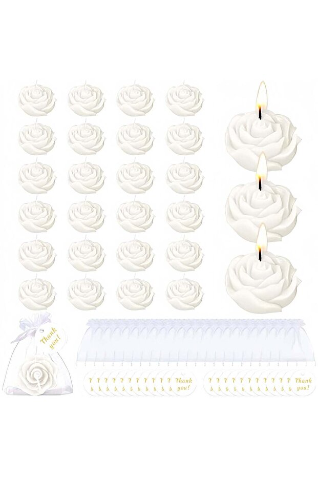 24Pcs White Rose Scented Candles - Handmade Flower Shape Aromatherapy Candles with Sheer Bags & Tha