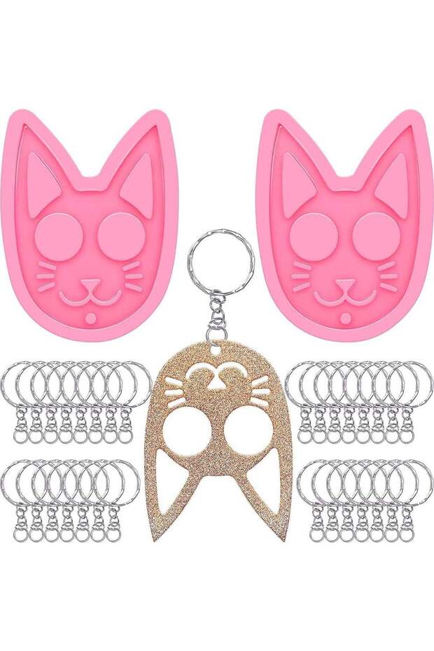 2 Pcs Cat Keychain Silicone Mold with Keyrings, Keychain Epoxy Resin Casting Mold with 30 Pcs Key R