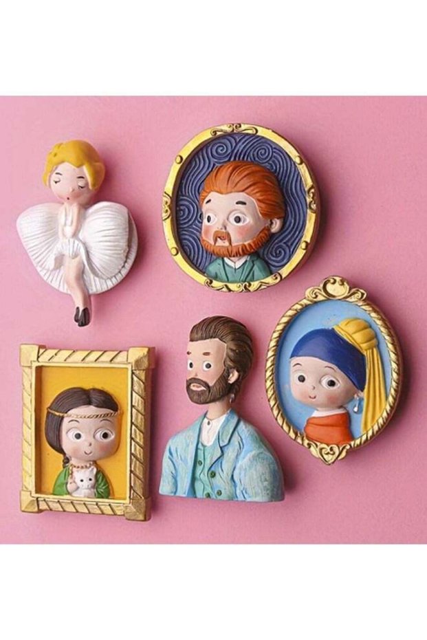 [5pcs Magnets] 5pcs Resin Art Portrait Refrigerator Magnets | Decorative Round Plastic Fridge Magne