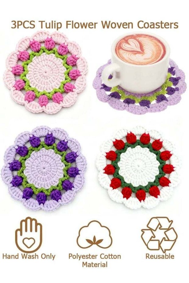 3PCS Tulip Flower Woven Coasters - Flower Crochet Coasters Set - Handmade Knitted Table Mats for Co