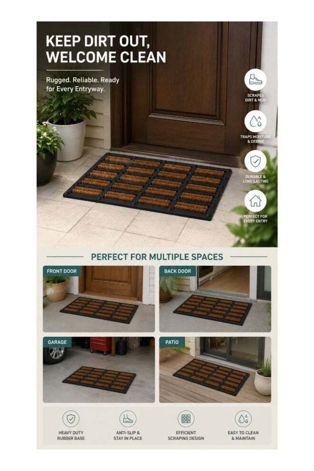 Grandeur Doormat 50x100cm | Non Slip PVC and Coir Material | Indoor Outdoor Durable Entrance Doorm