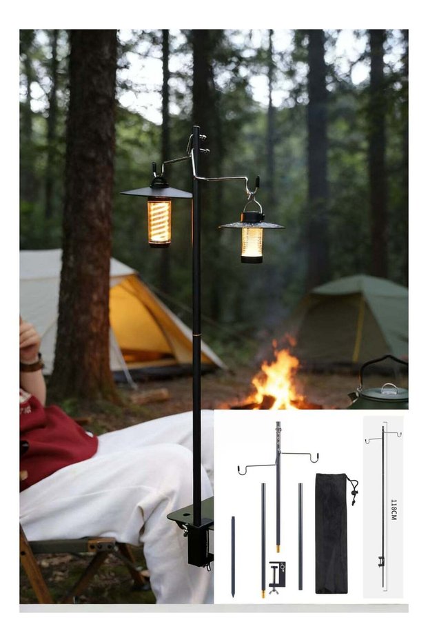 Outdoor Camping Light Stand, Adjustable Height Portable Lantern Hanger with Dual Hooks & Storage Ba