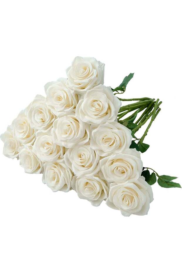 15pcs White Rose Artificial Flowers,Artificial Silk Rose, Fake Roses Bouquet, Long Stem Roses for