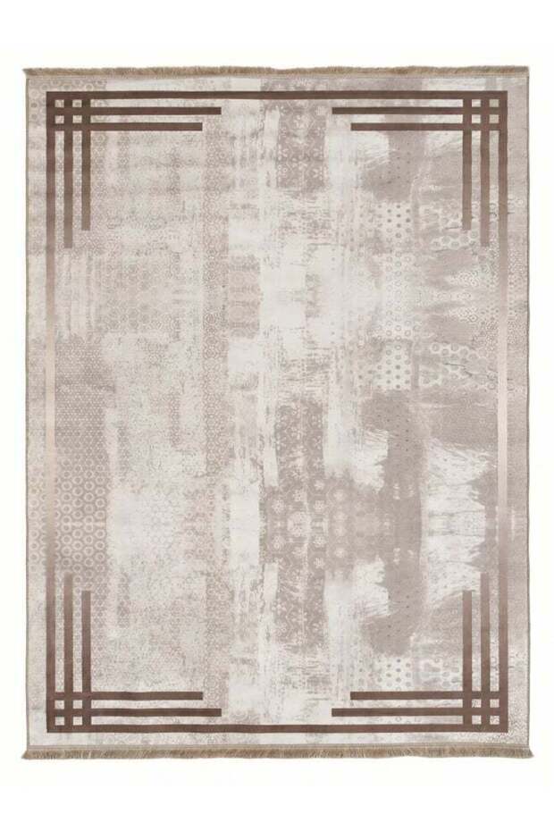 Carpet Rug with Anti-Slip Backing | Printed Corner Stripe Design - Beige & Taupe | Size - 160x230 c