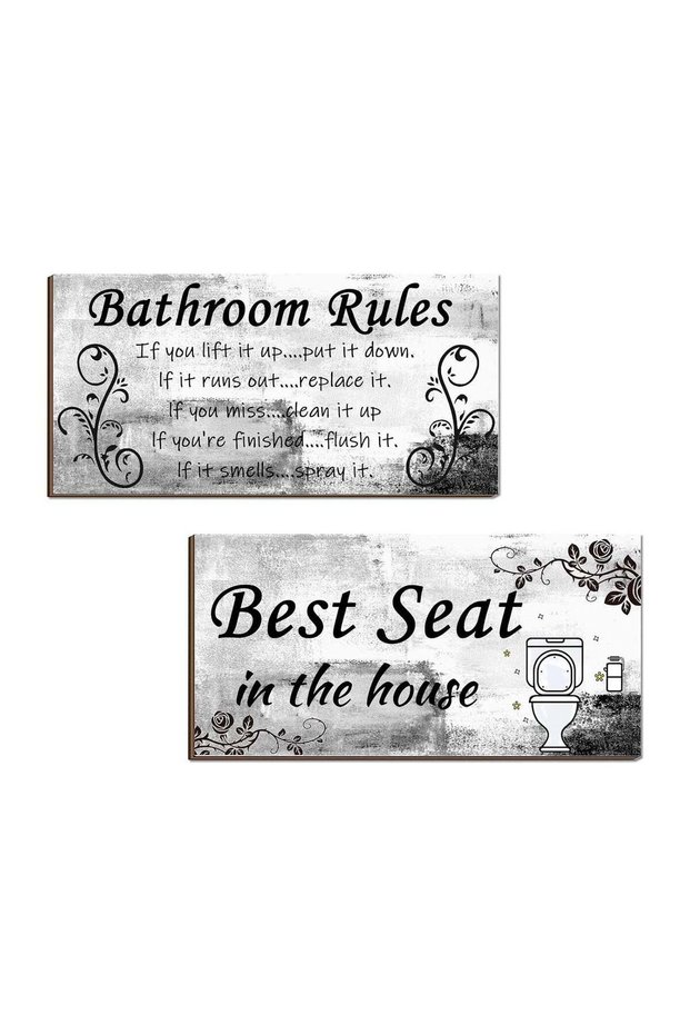 ARS 2 Pieces Rustic Bathroom Wall Decor - Wooden Hanging Signs with Bathroom Rules and Best Seat