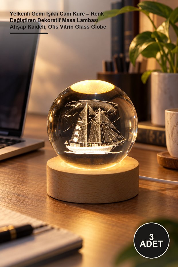 3 Pieces of Sailing Ship Illuminated Glass Globe – Color Changing Decorative Table Lamp with Wooden Base, Office Showcase Glass Globe