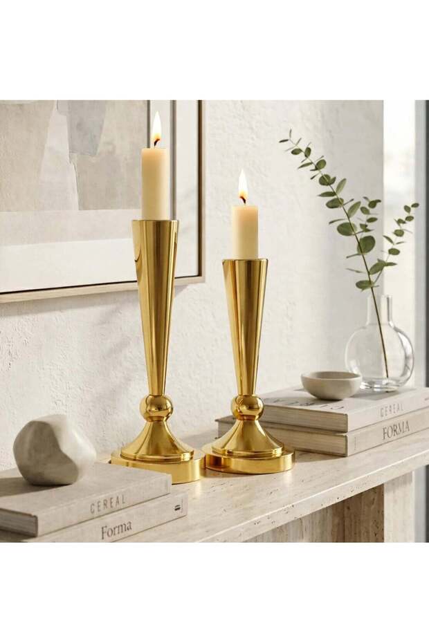 Set of 2 Gold Taper Candle Holders, Metal Candlesticks in 2 Heights, Decorative Candle Stands for D